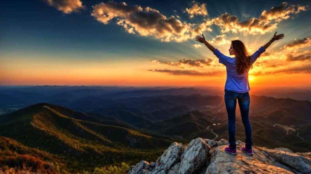 Photo of a woman standing at the top of a mountain with outstretched arms to the sun in the sky.