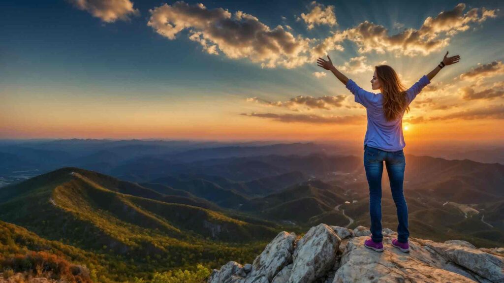Photo of a woman standing at the top of the mountain, arms stretched toward the sunrise.