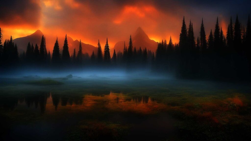 Photo of colorful sunset, mountains, trees and water.