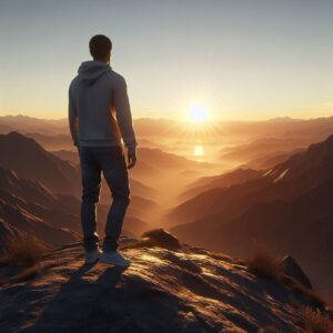Photo of a man standing on top of a mountain, walking toward the sun.